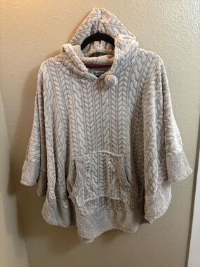 dearfoams Plush Cable-Knit Hooded Poncho Sweater - Light Beige